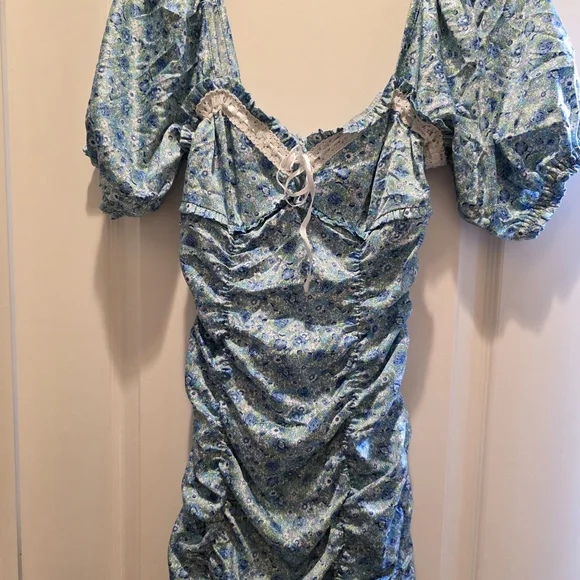 For Love And Lemons Sky Blue Floral Mini Dress - Picture 4 of 5